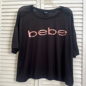 BEBE Sports crop Black meshed shoulder Tee with rose gold Logo
